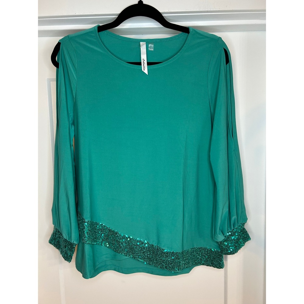 NY Collection Teal Green Cold Shoulder Sequin Trim Blouse Small Slit Sleeve Top